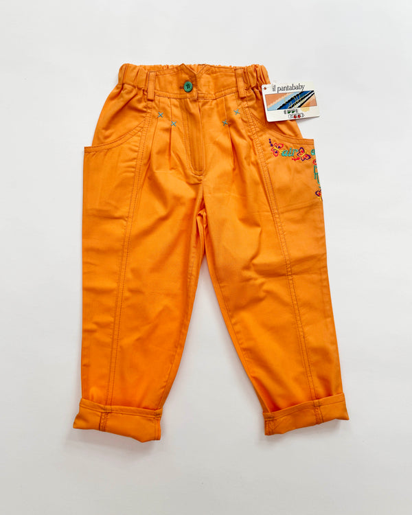 Deadstock Embroidered Cotton Trousers With Elastic Waist 3-4Y Orange