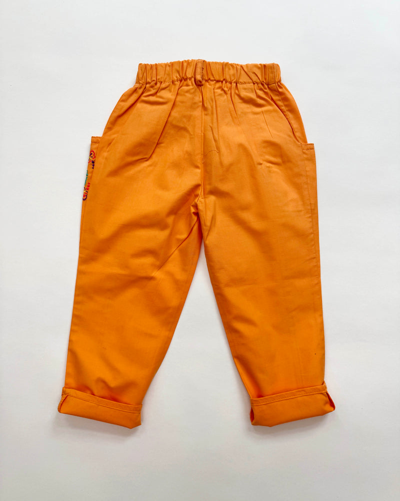 Deadstock Embroidered Cotton Trousers With Elastic Waist 3-4Y Orange