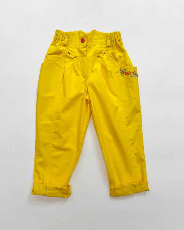 Deadstock Embroidered Cotton Trousers With Elastic Waist 3-4Y Yellow