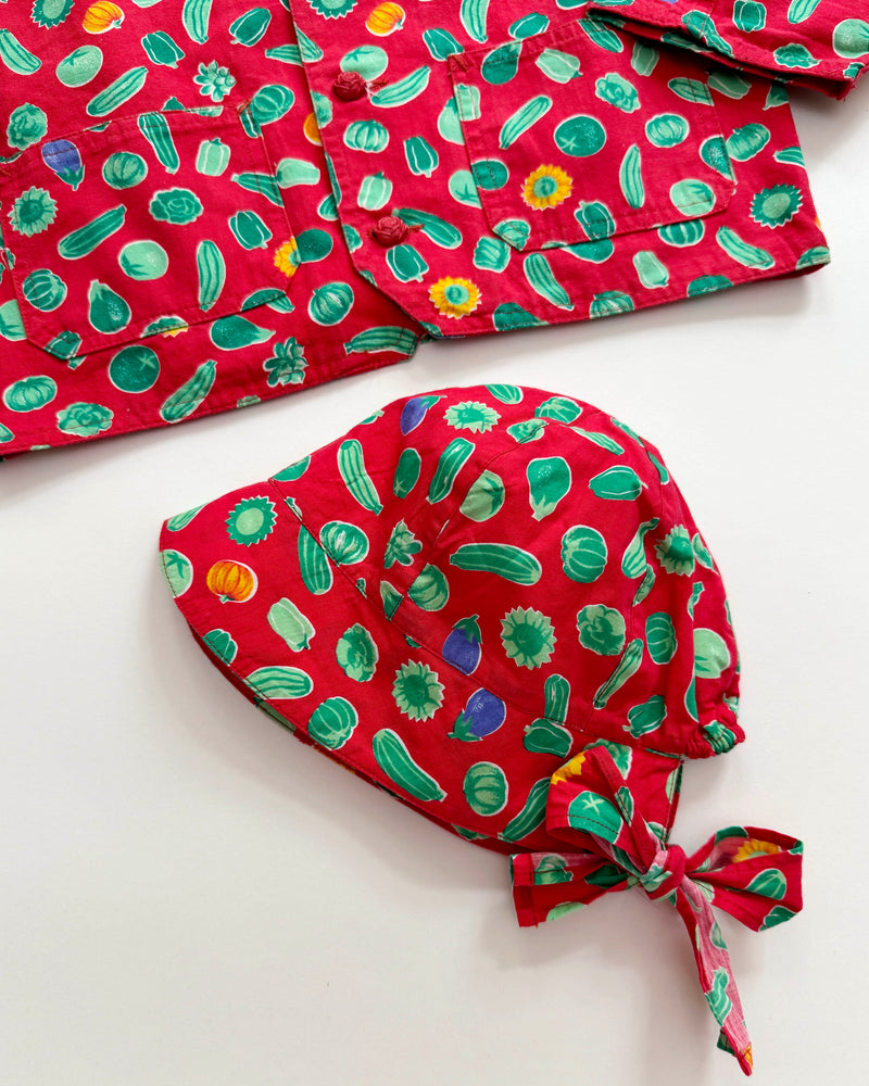 Catimini Veggie Canvas Cotton Jacket With Rose Buttons & Matching Hat