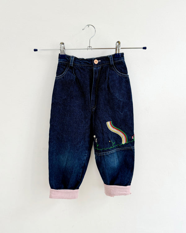 Vintage Cotton Lined Embroidered Jeans With Elastic Waist