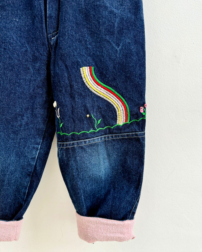 Vintage Cotton Lined Embroidered Jeans With Elastic Waist