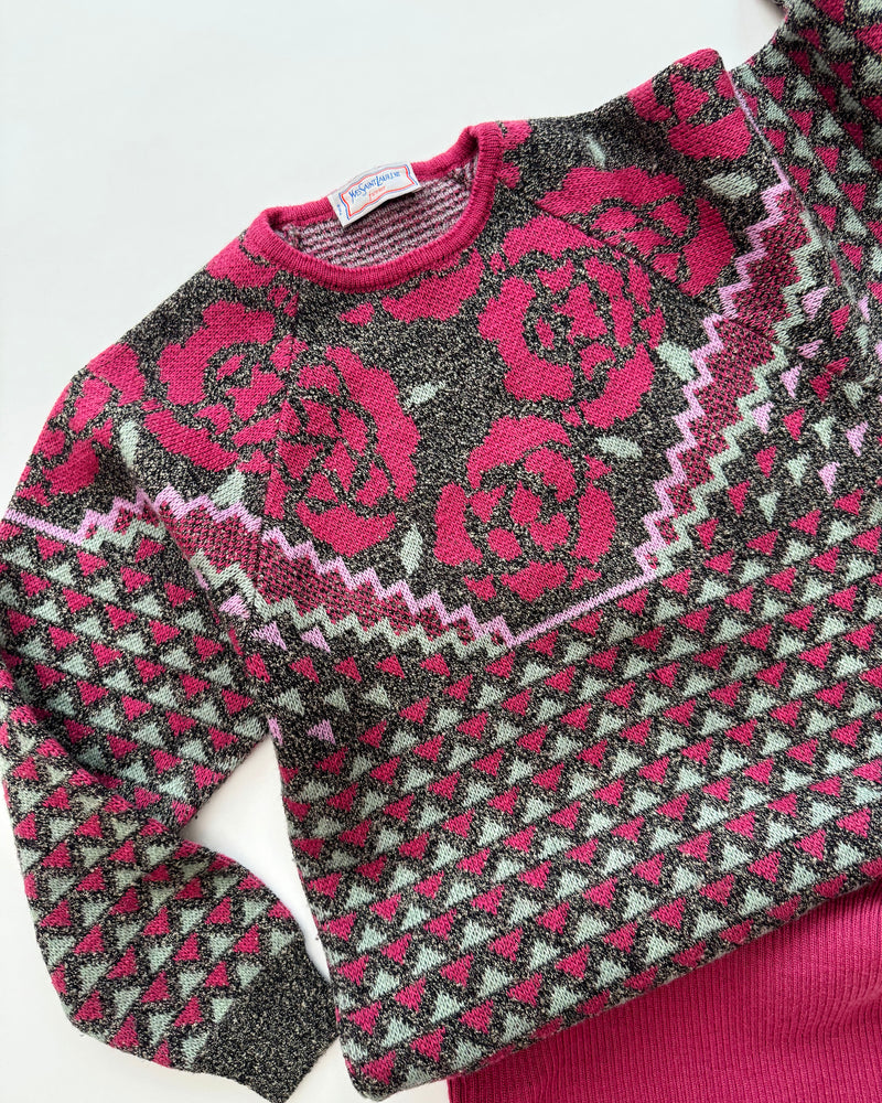 Vintage Yves Saint Laurent Jacquard Wool Rose Sweater Dress