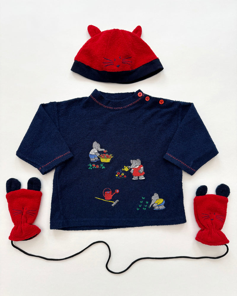 Vintage Babar & Cat Terrycloth Longsleeve Set