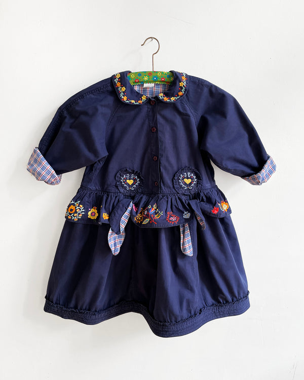 Vintage Oilily Lined Cotton Embroidered Navy Blue Dress