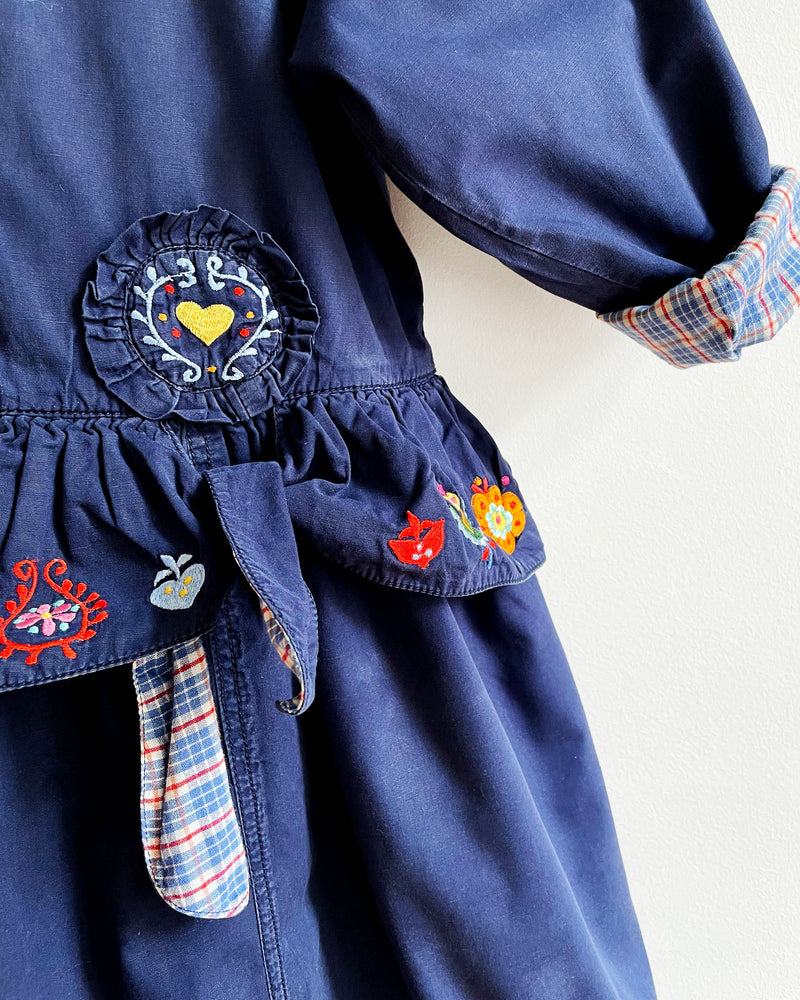 Vintage Oilily Lined Cotton Embroidered Navy Blue Dress
