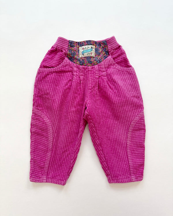 Vintage Pink Rose Corduroy Trousers With Elastic Waist