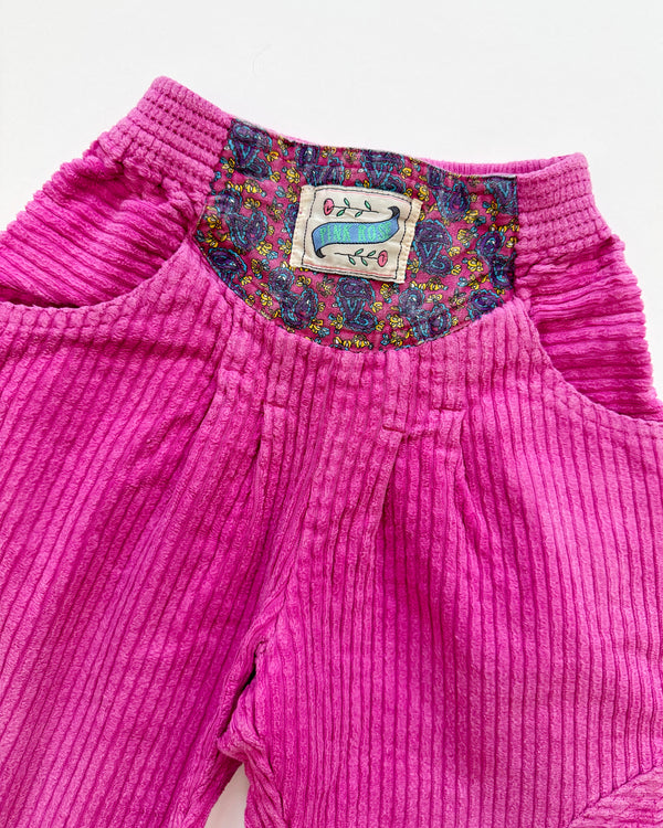 Vintage Pink Rose Corduroy Trousers With Elastic Waist