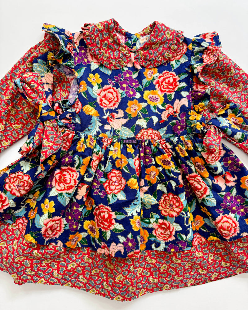 Paisely Cotton Dress With Floral Cotton Detachable Apron 2Y