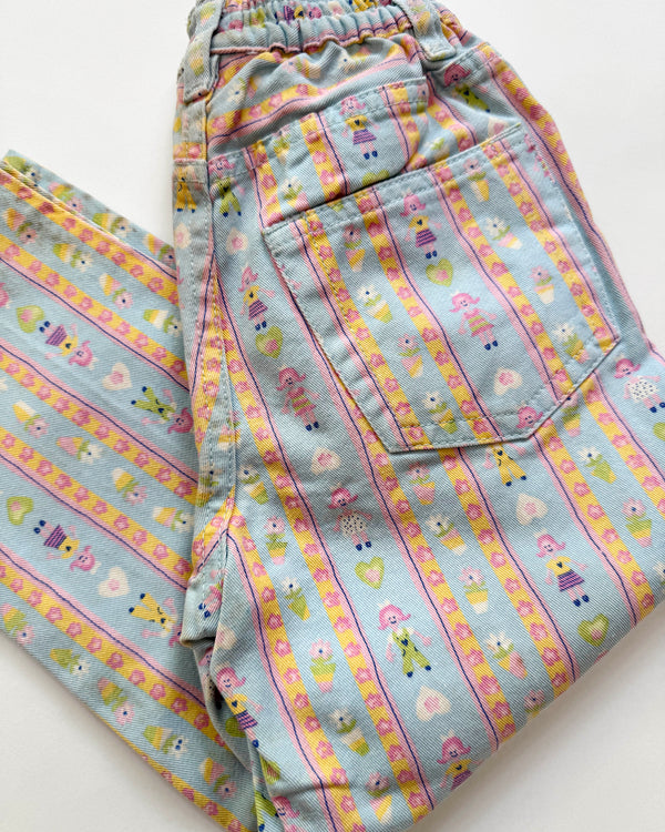 Jeans With Girl Print & Elastic Waist 3-4Y