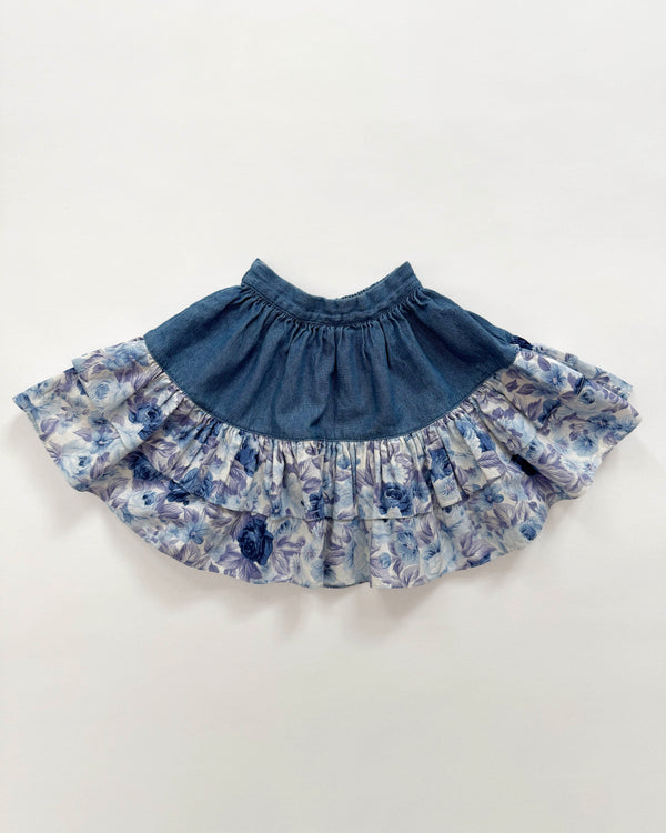 Denim & Floral Cotton Skirt With Elastic Waist 2Y