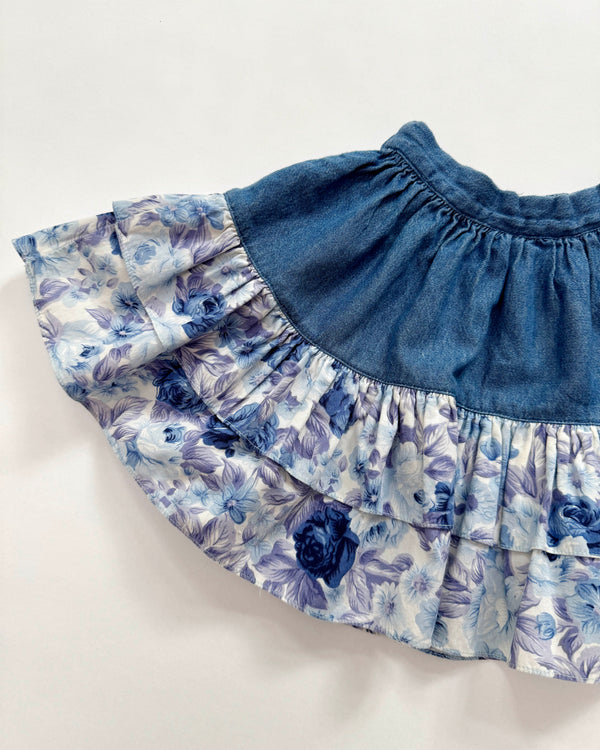 Denim & Floral Cotton Skirt With Elastic Waist 2Y