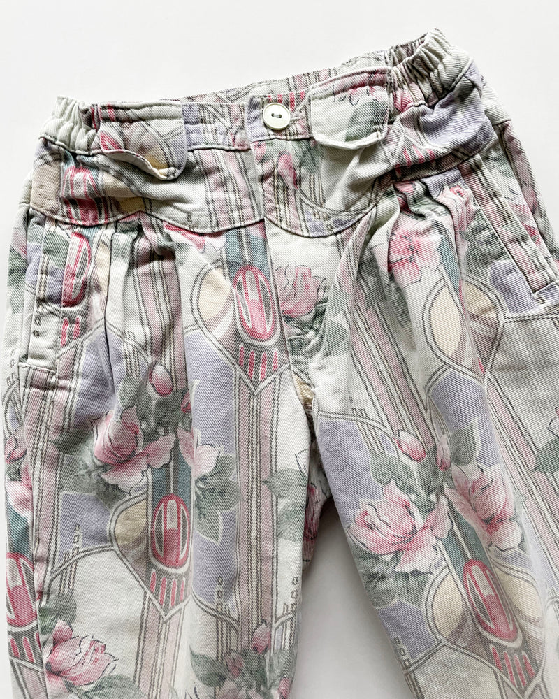 Vintage Floral Jeans With Elastic Waist