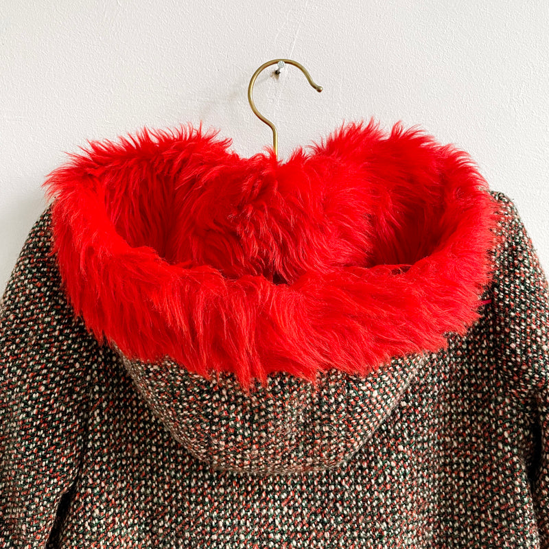 70s Vintage Wool Coat With Faux Fur Hood
